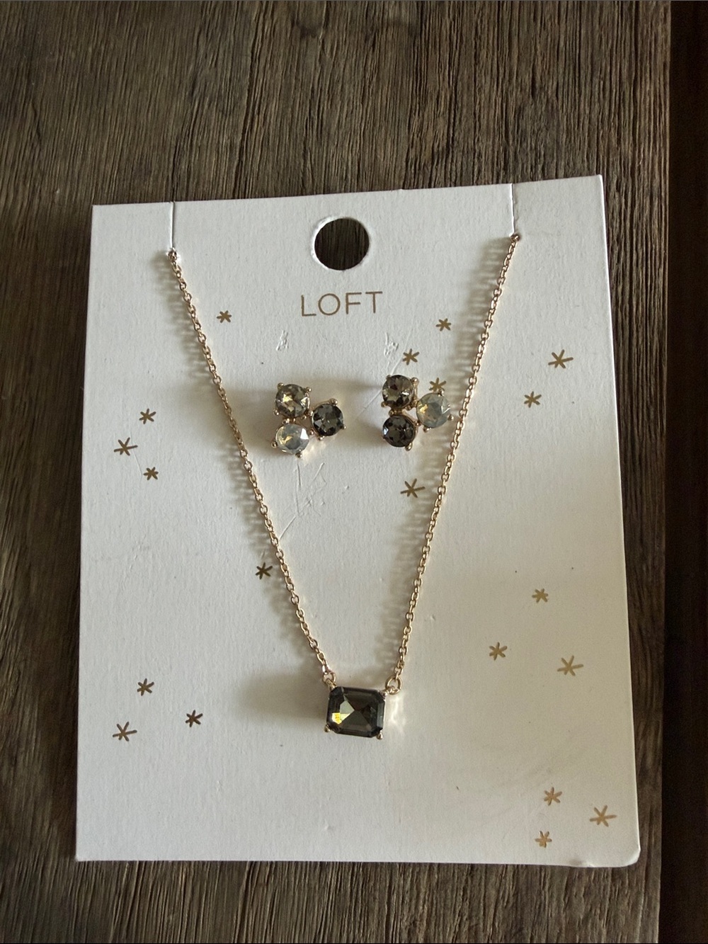 LOFT Rose Gold Necklace and Stud Earrings with Smoky Stones NWT